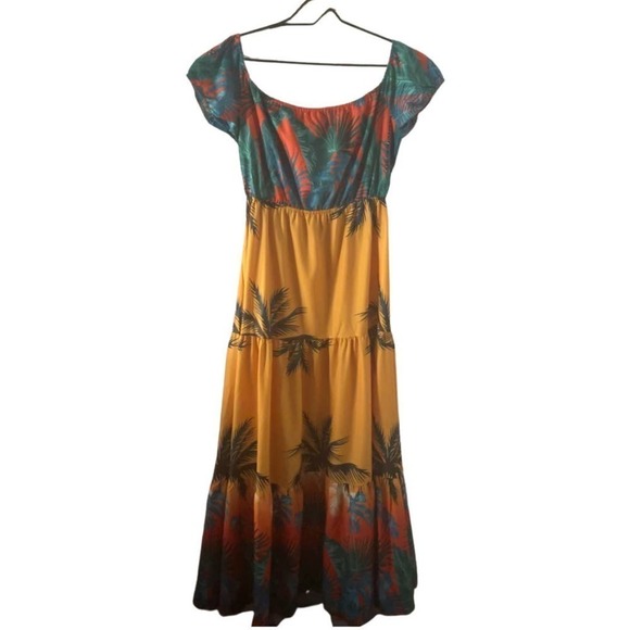 Ladies Tropical Print Hollow-out Design Off Shoulder V Neck Boho Maxi Dress - Picture 10 of 13